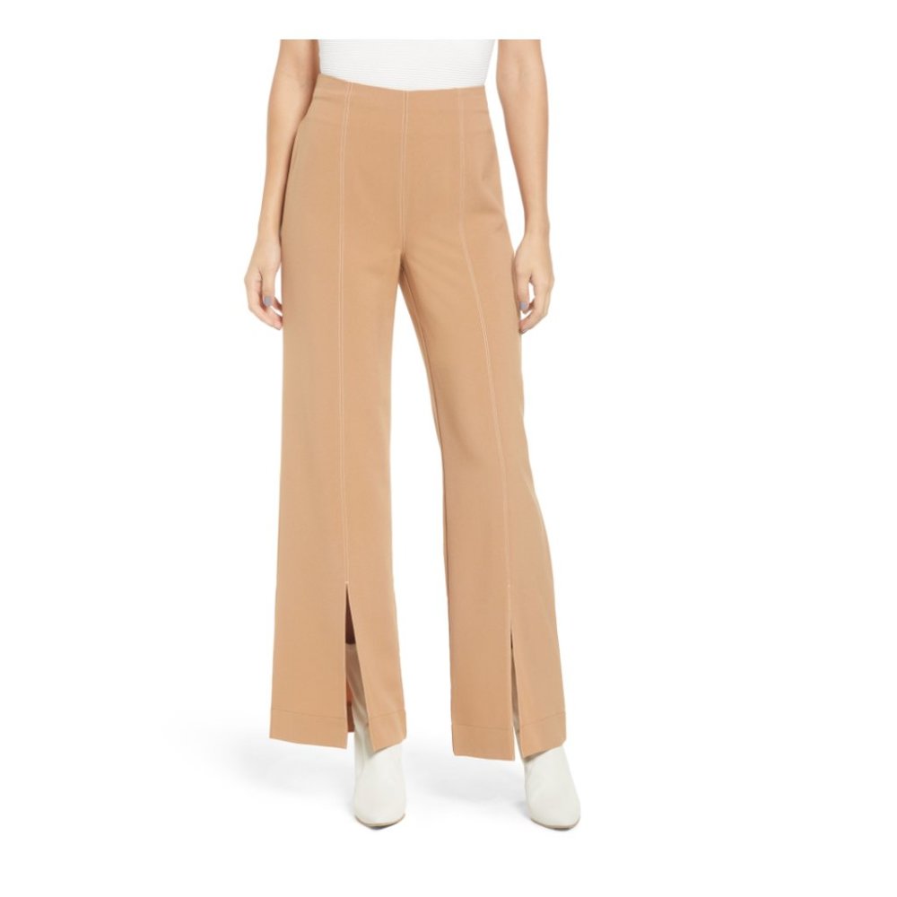LOVE, FIRE Tan Contrast Stitch Flare Trousers